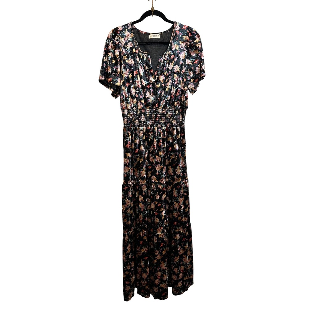 Natural Life Velvet Maxi Dress Size L Black Pink Floral Smocked Waist Tiered